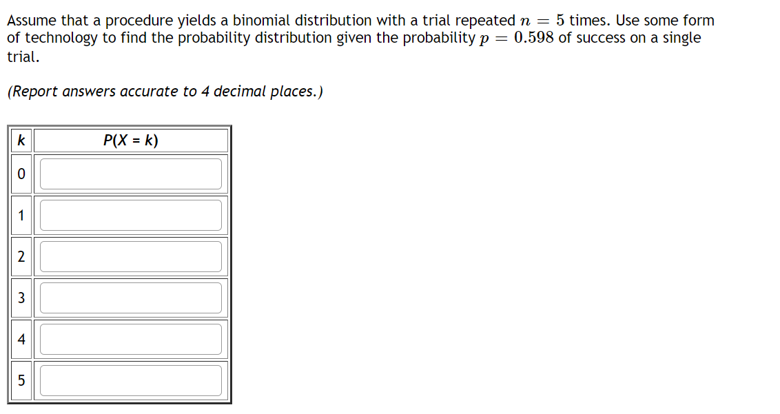 Assume that a procedure yields a binomial distribution with a trial repeated n = 5 times. Use some form
of technology to find the probability distribution given the probability p = 0.598 of success on a single
trial.
(Report answers accurate to 4 decimal places.)
k
P(X = k)
1
2
3
