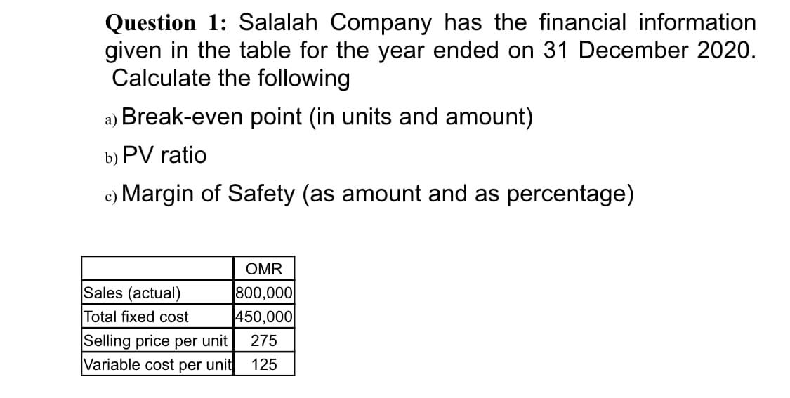 Question 1: Salalah Company has the financial information
given in the table for the year ended on 31 December 2020.
Calculate the following
a) Break-even point (in units and amount)
b) PV ratio
e) Margin of Safety (as amount and as percentage)
OMR
Sales (actual)
800,000
450,000|
Total fixed cost
Selling price per unit
275
Variable cost per unit
125
