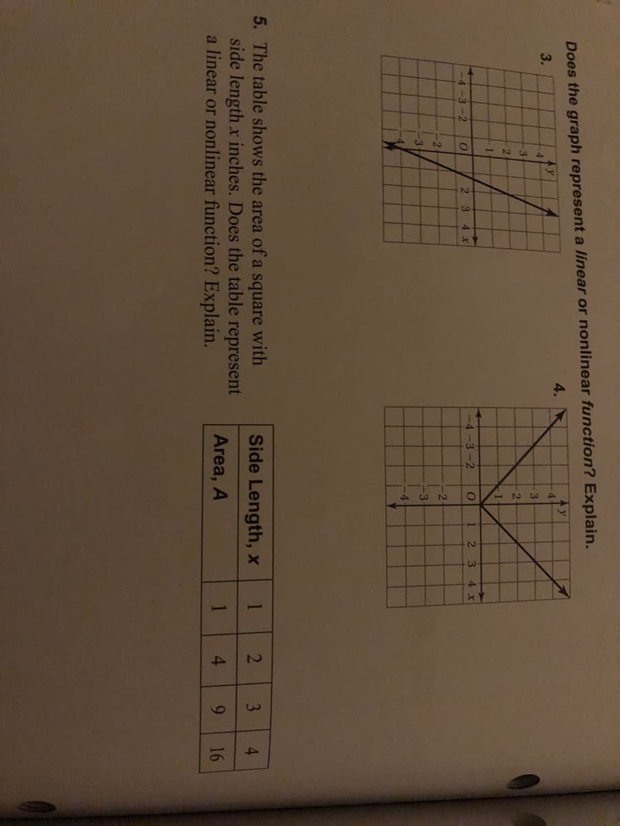 1
4,
20
6
4.
Does the graph represent a linear or nonlinear function? Explain.
Ay
4.
4.
3.
Ay
3.
3.
2.
3.
4 x
-4 -3 -2
3.
4 x
-4
-2
-3
3.
4
5. The table shows the area of a square with
side length x inches. Does the table represent
a linear or nonlinear function? Explain.
Side Length, x
3
Area, A
16
