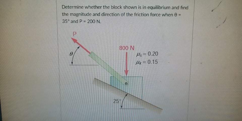 Determine whether the block shown is in equilibrium and find
the magnitude and direction of the friction force when e =
35° and P = 200 N.
%3D
800 N
fls = 0.20
Hk = 0.15
25°
