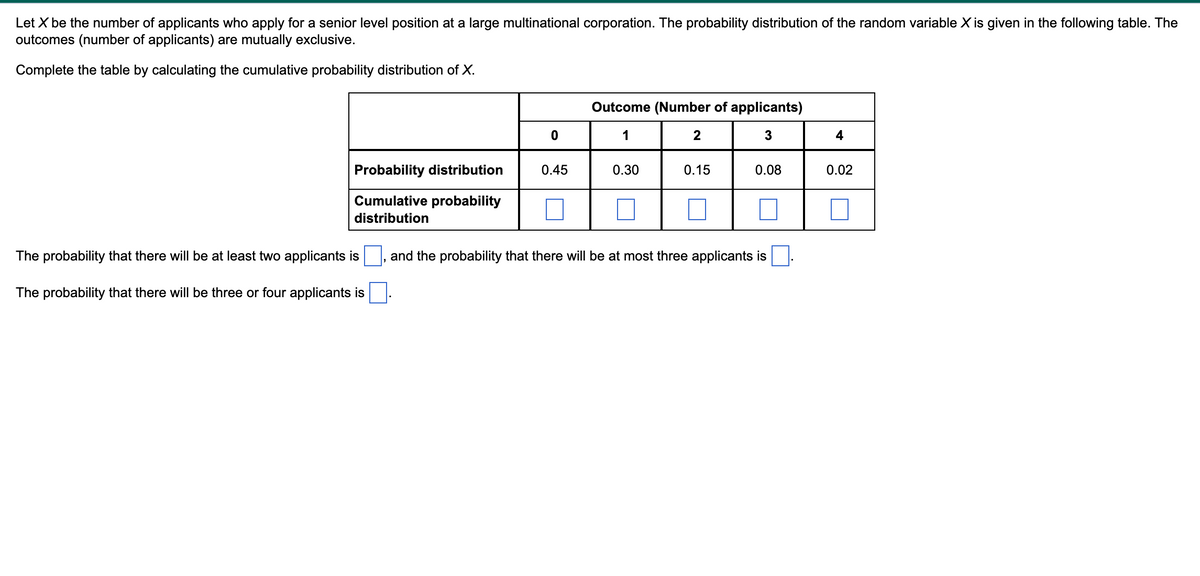 Let X be the number of applicants who apply for a senior level position at a large multinational corporation. The probability distribution of the random variable X is given in the following table. The
outcomes (number of applicants) are mutually exclusive.
Complete the table by calculating the cumulative probability distribution of X.
Probability distribution
Cumulative probability
distribution
The probability that there will be at least two applicants is
The probability that there will be three or four applicants is
0
0.45
Outcome (Number of applicants)
1
3
0.30
2
0.15
0.08
and the probability that there will be at most three applicants is
4
0.02