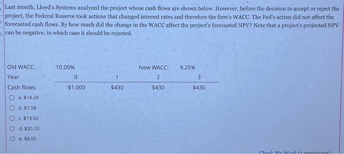 Last month, Lloyd's Systems analyzed the project whose cash flows are shown below. However, before the decision to accept or reject the
project, the Federal Reserve took actions that changed interest rates and therefore the firm's WACC. The Fed's action did not affect the
forecasted cash flows. By how much did the change in the WACC affect the project's forecasted NPV? Note that a project's projected NPV
can be negative, in which case it should be rejected.
Old WACC:
Year
Cash flows.
a. $14.28
b. $7.58
c. $13.50
d. $20.10
e. $8.05
10.00%
0
-$1,000
1
$430
New WACC:
2
$430
9.25%
3
$430
Chank My Work (1 remaining)