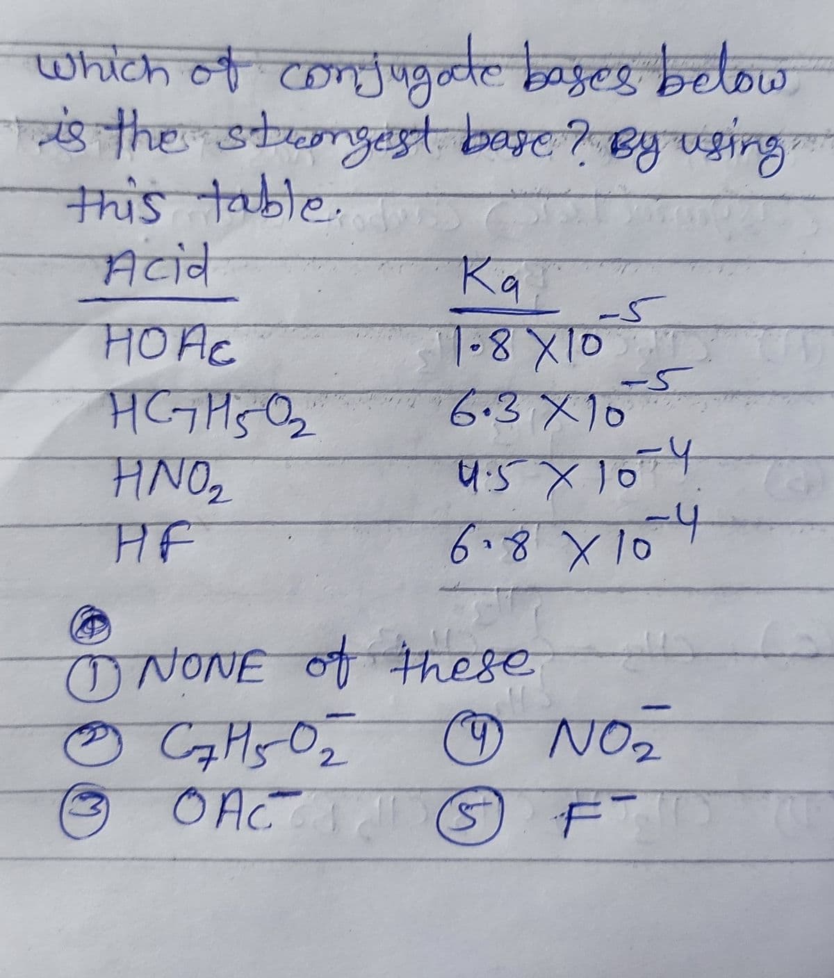 which of confugate bages betow
लिह उमेर म
thistable,
+चंS
Acid
Ka
-5
HOAC
HCHC
-8X10
-5
6.3X10
HNO,
HF
4:5x10=4
6.8X10
O NONE ofthese
9 NO2
0.
2.
O AC
