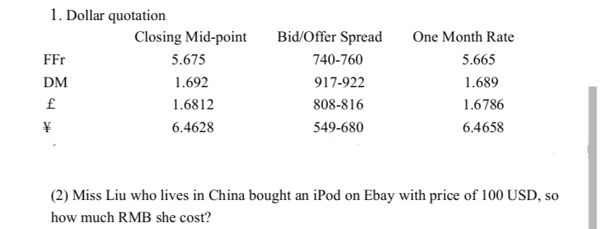 1. Dollar quotation
FFr
DM
£
¥
Closing Mid-point
5.675
1.692
1.6812
6.4628
Bid/Offer Spread
740-760
917-922
808-816
549-680
One Month Rate
5.665
1.689
1.6786
6.4658
(2) Miss Liu who lives in China bought an iPod on Ebay with price of 100 USD, so
how much RMB she cost?