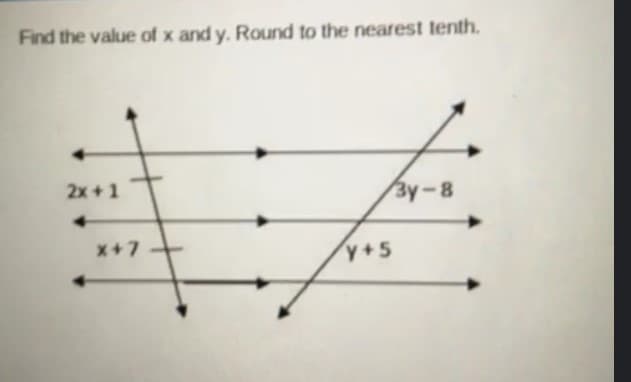 Find the value of x and y. Round to the nearest tenth.
2x +1
Зу-8
x+7-
y+5
