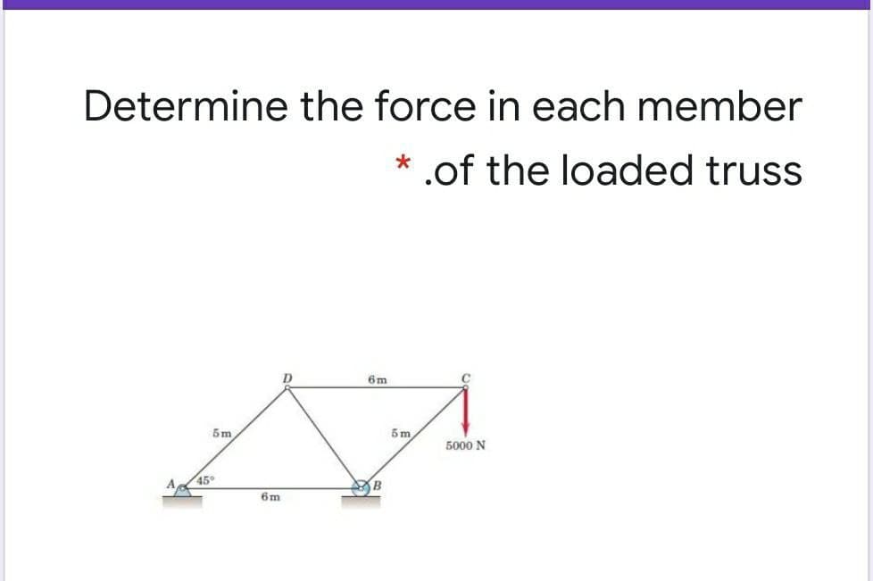 Determine the force in each member
.of the loaded truss
D.
6m
C
5m
5m
5000 N
45°
6m
