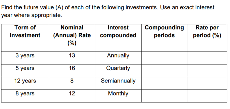 Find the future value (A) of each of the following investments. Use an exact interest
year where appropriate.
Term of
Nominal
Compounding
periods
Interest
Rate per
(Annual) Rate
(%)
Investment
compounded
period (%)
3 years
13
Annually
5 years
16
Quarterly
12 years
8
Semiannually
8 years
12
Monthly
