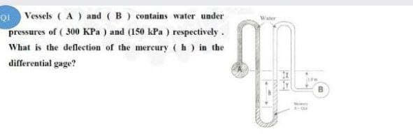 QIVessels ( A ) and ( B) contains water under
pressures of ( 300 KPa ) and (150 kPa ) respectively.
What is the deflection of the mercury (h) in the
Water
differential gage?
Ner
