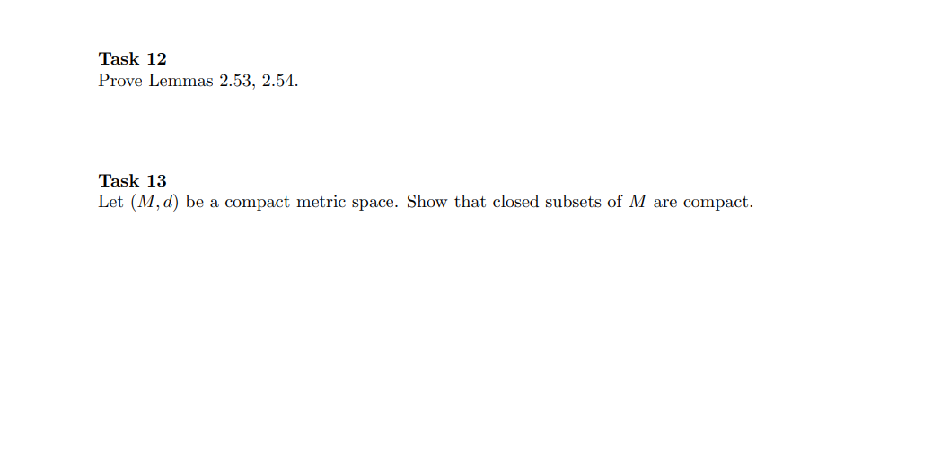 Task 12
Prove Lemmas 2.53, 2.54.
Task 13
Let (M, d) be a compact metric space. Show that closed subsets of M are compact.

