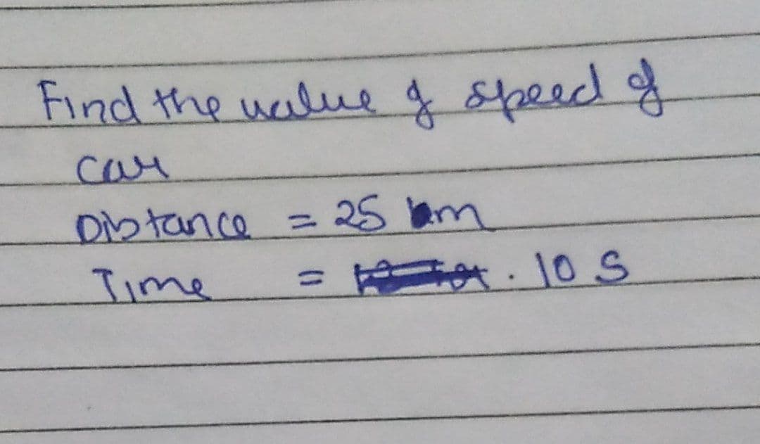 Find the value of speed of
сам
Distance
25 m
=
Time
10 S
=