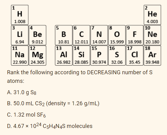 se 10.81 12.011 14.007 15.999 18.998 20.180
1
H
2
Не
1.008
4.003
3
4
5
19
8
CN OF
10.81 12.011 14.007 15.999 18.998 20.180
15
6
7
10
Ne
Li
Ве
В
6.94
9.012
11
17
18
12
Na Mg
22.990 24.305
13
16
Al Si P S
26.982 28.085 30.974 32.06 | 35.45 39.948
14
CI
Ar
Rank the following according to DECREASING number of S
atoms:
A. 31.0 g S8
B. 50.0 mL CS2 (density = 1.26 g/mL)
C. 1.32 mol SF6
D. 4.67 x 1024 C5H¼N4S molecules
