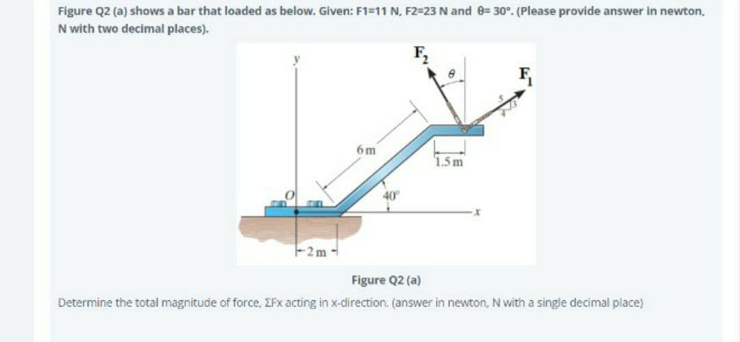 Figure Q2 (a) shows a bar that loaded as below. Given: F1=11 N, F2=23 N and e= 30°. (Please provide answer in newton,
N with two decimal places).
6m
1.5 m
40°
F2m -
Figure Q2 (a)
Determine the total magnitude of force, EFx acting in x-direction. (answer in newton, N with a single decimal place)
