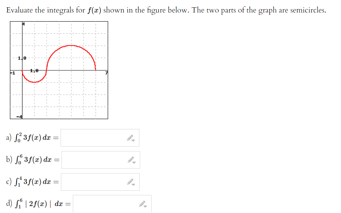 Evaluate the integrals for f(x) shown in the figure below. The two parts of the graph are semicircles.
110
F1
1.0
-4
a) Sº 3f(æ) dæ =
b) Sº 35(z) dæ =
c) Si 3f(x) dx
d) S | 2f(x) | dx
