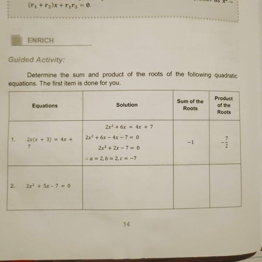 (ri+r2)x+rr 0.
ENRICH
Guided Activity:
Determine the sum and product of the roots of the following quadratic
equations. The first item is done for you.
Product
Sum of the
Equations
Solution
of the
Roots
Roots
2x? + 6x = 4x + 7
2x2 + 6x – 4x - 7 = 0
7
1.
2x(x + 3) = 4x +
%3D
-1
7
2x2 + 2x - 7 = 0
a = 2, b = 2, c = -7
2x2 + 5x - 7 = 0
14
2.
