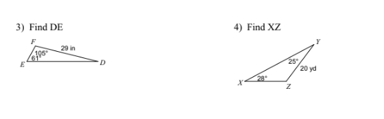 3) Find DE
F
61⁹5
E
29 n
D
4) Find XZ
ہے
28°
25°
r
20 yd