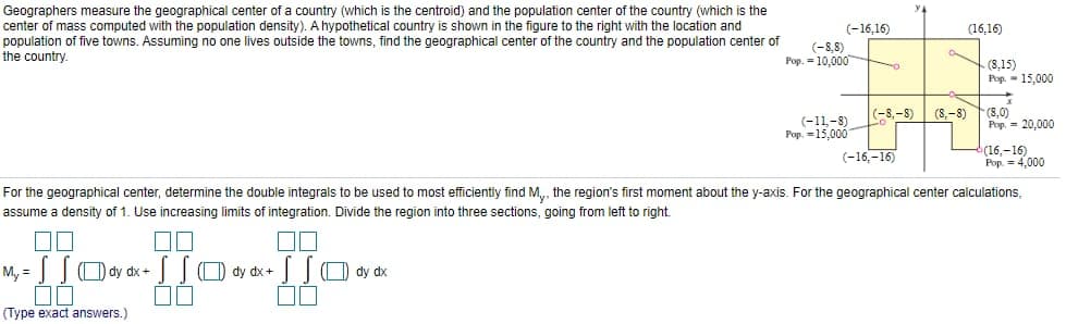 Geographers measure the geographical center of a country (which is the centroid) and the population center of the country (which is the
center of mass computed with the population density). A hypothetical country is shown in the figure to the right with the location and
population of five towns. Assuming no one lives outside the towns, find the geographical center of the country and the population center of
the country.
▬▬
My = S S dy dx + S S dy dx +
[10**-
|| |
▬▬
SSO dy dx
00
(Type exact answers.)
(-16,16)
(-8,8)
Pop.= 10,000
(-11,-8)
Pop. 15.000
F
(-8,-8) (8-8)
(16,16)
(8.15)
Pop. 15,000
(-16,-16)
For the geographical center, determine the double integrals to be used to most efficiently find M,, the region's first moment about the y-axis. For the geographical center calculations,
assume a density of 1. Use increasing limits of integration. Divide the region into three sections, going from left to right.
(8,0)
Pop=20,000
(16,-16)
Pop.= 4,000