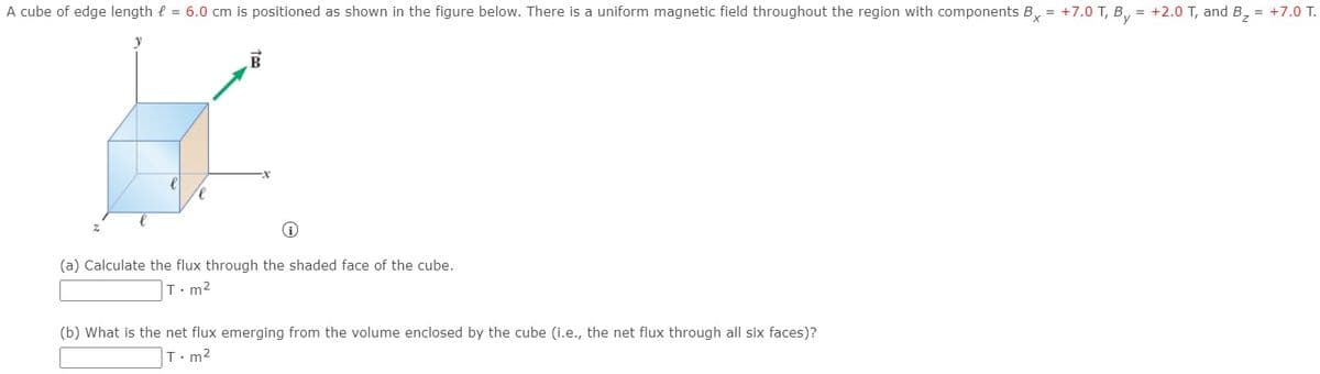 A cube of edge length e = 6.0 cm is positioned as shown in the figure below. There is a uniform magnetic field throughout the region with components B, = +7.0 T, B, = +2.0 T, and B, = +7.0 T.
(a) Calculate the flux through the shaded face of the cube.
T•m2
(b) What is the net flux emerging from the volume enclosed by the cube (i.e., the net flux through all six faces)?
T•m²
