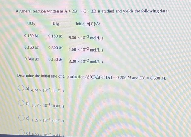 A general reaction written as A + 2B - C + 2D is studied and yields the following data:
[Ab
[Bo
Initial A[C/At
0.150 M
0.150 M
8.00 x 10-3 mol/L-s
0.150 M
0.300 M
1.60 x 10-2 mol/L s
0.300 M
0.150 M 3.20 x 10-2 mol/L-s
Determine the initial rate of C production (A[CVAt) if [A] = 0.200 M and [B] = 0.500 M.
O a) 4.74 x 10-2 moL •s
O b) 2.37 x 10 mol/L •s
Oc) 1.19 x
10- moVL S
9.23 x
