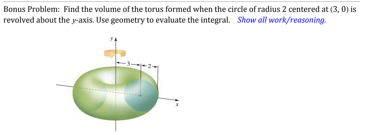 Bonus Problem: Find the volume of the torus formed when the circle of radius 2 centered at (3, 0) is
revolved about the y-axis. Use geometry to evaluate the integral. Show all work/reasoning.
УА
å
X