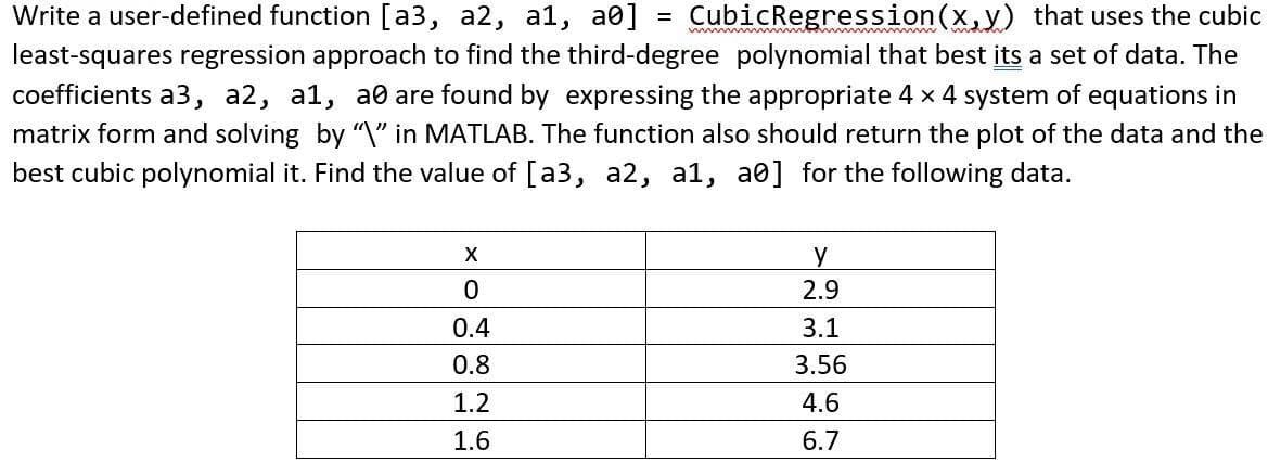 Write a user-defined function [a3, a2, al, a0] CubicRegression(x, y) that uses the cubic
least-squares regression approach to find the third-degree polynomial that best its a set of data. The
coefficients a3, a2, a1, a are found by expressing the appropriate 4 x system of equations in
matrix form and solving by "\" in MATLAB. The function also should return the plot of the data and the
best cubic polynomial it. Find the value of [a3, a2, al, a0] for the following data.
X
0
0.4
0.8
1.2
1.6
y
2.9
3.1
3.56
4.6
6.7