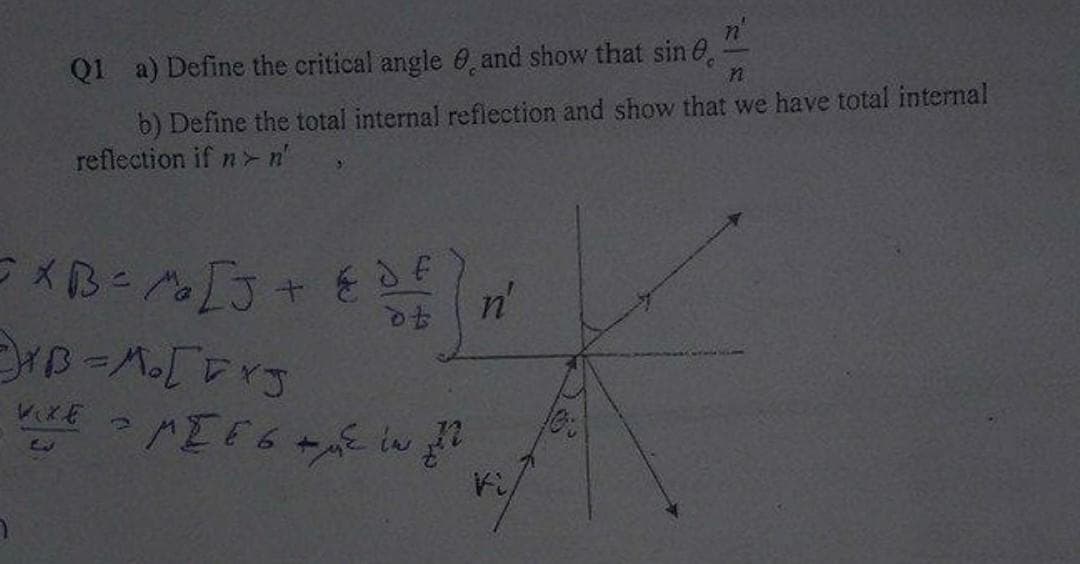 Q1 a) Define the critical angle and show that sin
n
b) Define the total internal reflection and show that we have total internal
reflection if nn'
=XB = M₂ [J + Ed=²
ot
7
n'
XB=M₂[DYS
VIXE = MEEG e in git
+
Ki