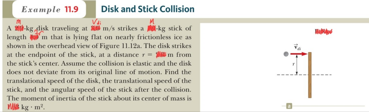 Example 11.9
Disk and Stick Collision
m
A 2-kg disk traveling at m/s strikes a-kg stick of
lengthm that is lying flat on nearly frictionless ice as
shown in the overhead view of Figure 11.12a. The disk strikes
at the endpoint of the stick, at a distance r = m from
the stick's center. Assume the collision is elastic and the disk
does not deviate from its original line of motion. Find the
translational speed of the disk, the translational speed of the
stick, and the angular speed of the stick after the collision.
The moment of inertia of the stick about its center of mass is
kg m².
BURAN
+
a