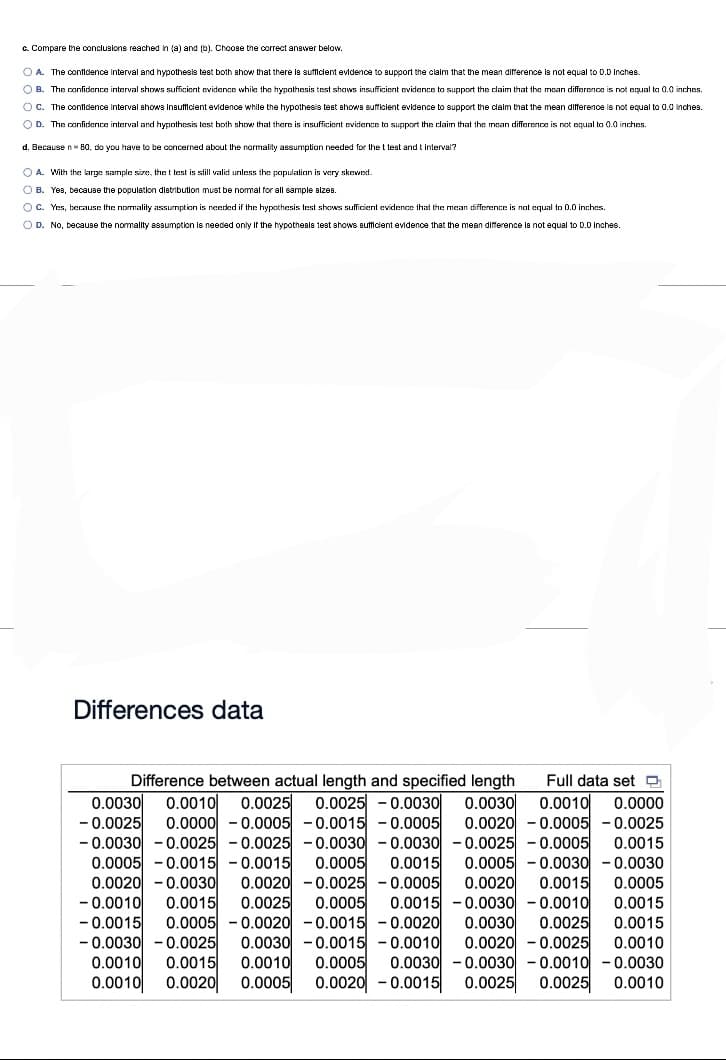 c. Compare the conclusions reached in (a) and (b). Choose the correct answer below.
O A. The confidence interval and hypothesis test both show that there is sufficient evidence to support the claim that the mean difference is not equal to D.D Inches.
OB. The confidence interval shows sufficient evidence while the hypothesis test shows insufficient evidence to support the claim that the mean difference is not equal to 0.0 inches.
OC. The confidence interval shows insufficient evidence while the hypothesis test shows sufficient evidence to support the claim that the mean difference is not equal to 0.0 inches.
OD. The confidence interval and hypothesis test both show that there is insufficient evidence to support the claim that the mean difference is not equal to 0.0 inches.
d. Because n-80, do you have to be concerned about the normality assumption needed for the t test and t interval?
OA. With the large sample size, the t test is still valid unless the population is very skewed.
O B. Yes, because the population distribution must be normal for all sample sizes.
OC. Yes, because the normality assumption is needed if the hypothesis test shows sufficient evidence that the mean difference is not equal to 0.0 inches.
O D. No, because the normality assumption is needed only if the hypothesis test shows sufficient evidence that the mean difference is not equal to 0.0 Inches.
Differences data
Difference between actual length and specified length Full data set Q
0.0030 0.0010 0.0025 0.0025 0.0030 0.0030 0.0010 0.0000
-0.0025 0.0000 0.0005 -0.0015 -0.0005 0.00200.0005 -0.0025
-0.0030 -0.0025 -0.0025 -0.0030 -0.0030 -0.0025 -0.0005 0.0015
0.0005 -0.0015 -0.0015 0.0005 0.0015 0.0005 -0.0030 -0.0030
0.0020 -0.0030 0.0020 -0.0025 0.0005 0.0020 0.0015 0.0005
-0.0010 0.0015 0.0025 0.0005
0.0015 -0.0030 -0.0010 0.0015
-0.0015 0.0005 -0.0020 -0.0015 -0.0020 0.0030 0.0025
-0.0030 -0.0025 0.0030 -0.0015 -0.0010 0.0020 0.0025 0.0010
0.0010 0.0015 0.0010 0.0005 0.0030 0.0030 0.0010 -0.0030
0.0010 0.0020 0.0005 0.0020 -0.0015 0.0025
0.0025
0.0015
0.0010