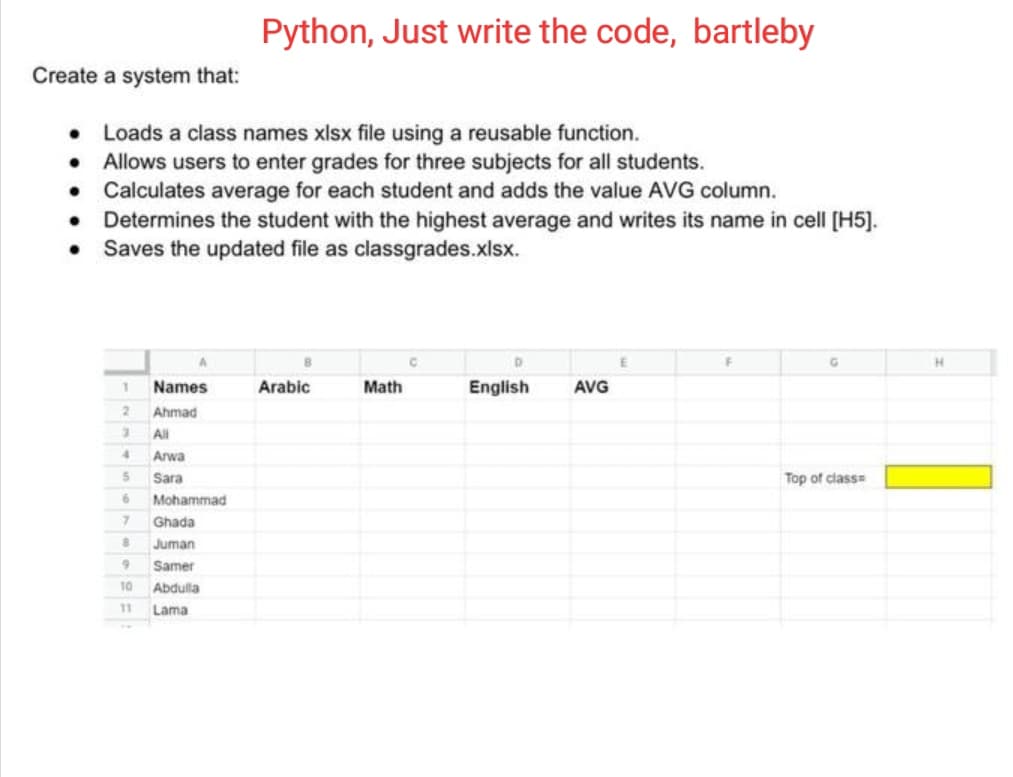 Create a system that:
• Loads a class names xlsx file using a reusable function.
•
• Allows users to enter grades for three subjects for all students.
Calculates average for each student and adds the value AVG column.
Determines the student with the highest average and writes its name in cell [H5].
● Saves the updated file as classgrades.xlsx.
1
Names
Ahmad
All
Arwa
Sara
2
3
4
5
6
7 Ghada
8
Juman
9
Samer
10
Abdulla
11
Lama
Python, Just write the code, bartleby
Mohammad
B
Arabic
Math
C
D
English
AVG
E
F
G
Top of class=
H