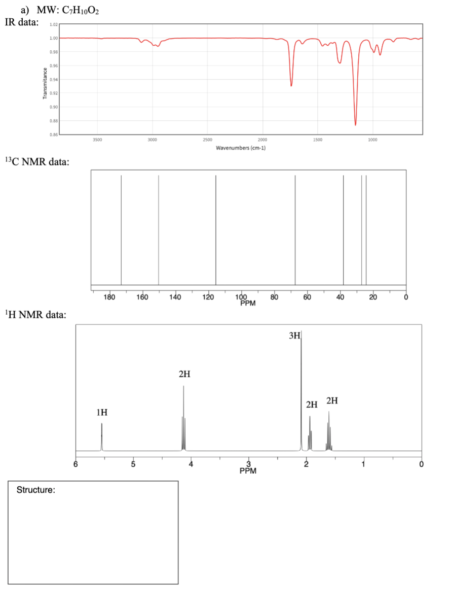 a) MW: C;H1002
IR data:
1.00
0.98
0.96
0.94
0.92
0.90
0.88
0.86
3500
3000
2500
2000
1500
1000
Wavenumbers (cm-1)
13C NMR data:
180
160
140
120
100
80
60
40
20
PPM
Η ΝMRdata:
3H
2H
2H 2H
1H
6
PPM
Structure:
