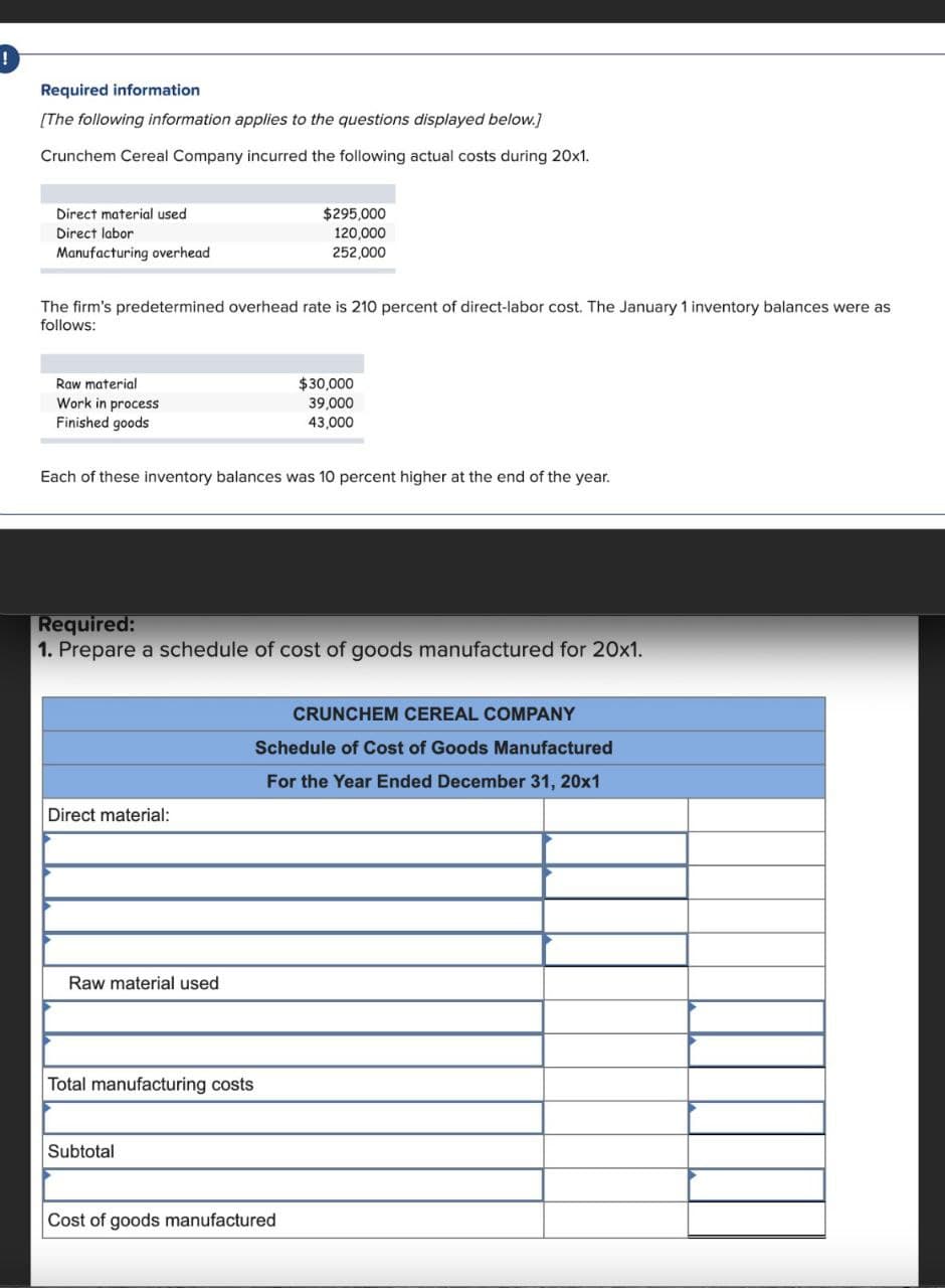 !
Required information
[The following information applies to the questions displayed below.]
Crunchem Cereal Company incurred the following actual costs during 20x1.
Direct material used
Direct labor
Manufacturing overhead
$295,000
120,000
252,000
The firm's predetermined overhead rate is 210 percent of direct-labor cost. The January 1 inventory balances were as
follows:
Raw material
Work in process
Finished goods
$30,000
39,000
43,000
Each of these inventory balances was 10 percent higher at the end of the year.
Required:
1. Prepare a schedule of cost of goods manufactured for 20x1.
Direct material:
Raw material used
Total manufacturing costs
Subtotal
CRUNCHEM CEREAL COMPANY
Schedule of Cost of Goods Manufactured
For the Year Ended December 31, 20x1
Cost of goods manufactured