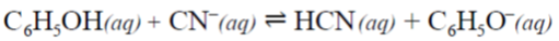 C,H,OH(aq) + CN (aq) = HCN(aq) + C,H,O (aq)
