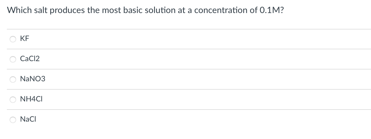 Which salt produces the most basic solution at a concentration of 0.1M?
KF
CaCl2
NaNO3
NH4CI
NaCI
Ooo
