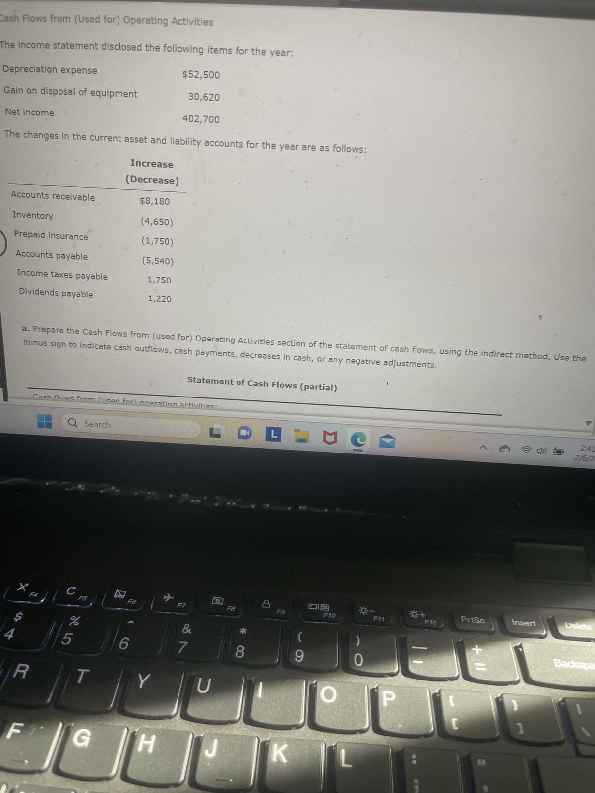 Cash Flows from (Used for) Operating Activities
The income statement disclosed the following items for the year:
Depreciation expense
Gain on disposal of equipment
Net income
The changes in the current asset and liability accounts for the year are as follows:
Accounts receivable
Inventory
Prepaid insurance
Accounts payable
Income taxes payable
Dividends payable
to
a. Prepare the Cash Flows from (used for) Operating Activities section of the statement of cash flows, using the indirect method. Use the
minus sign to indicate cash outflows, cash payments, decreases in cash, or any negative adjustments.
R
F
Q Search
с
Cash flows from (used for) onerating activities:
F5
%
5
Increase
(Decrease)
$8,180
(4,650)
(1,750)
(5,540)
1,750
1,220
T
G
F6
6
$52,500
30,620
402,700
Y
H
Y
Statement of Cash Flows (partial)
2-
F7
7
LO PIEC
U
J
F8
8
F9
K
9
09
F10
0
F11
1
P
0:+
F12
PrtSc
+ 11
Insert
2:41
2/6/2
Delete
Backspa
لك