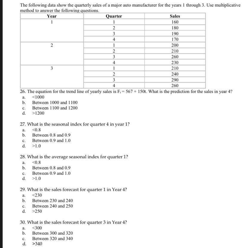 The following data show the quarterly sales of a major auto manufacturer for the years 1 through 3. Use multiplicative
method to answer the following questions.
Year
Quarter
Sales
160
2
180
3
190
4
170
1
200
2
210
3
260
4
230
3
1
210
2
240
290
260
3
4
26. The equation for the trend line of yearly sales is F, = 567 + 150t. What is the prediction for the sales in year 4?
<1000
b.
Between 1000 and 1100
a.
Between 1100 and 1200
d. >1200
с.
27. What is the seasonal index for quarter 4 in year 1?
a.
<0.8
b.
Between 0.8 and 0.9
с.
Between 0.9 and 1.0
d. >1.0
28. What is the average seasonal index for quarter 1?
<0.8
b. Between 0.8 and 0.9
Between 0.9 and 1.0
a.
с.
d. >1.0
29. What is the sales forecast for quarter 1 in Year 4?
a.
<230
b. Between 230 and 240
с.
Between 240 and 250
d. >250
30. What is the sales forecast for quarter 3 in Year 4?
a.
<300
b.
Between 300 and 320
Between 320 and 340
d. >340
с.
2.
