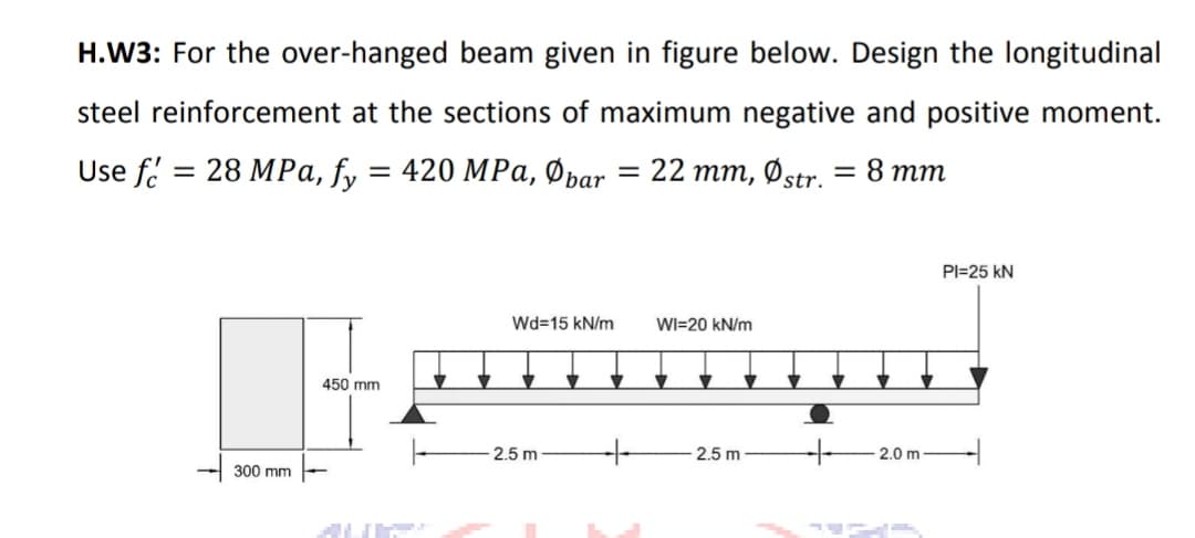 H.W3: For the over-hanged beam given in figure below. Design the longitudinal
steel reinforcement at the sections of maximum negative and positive moment.
Use f = 28 MPa, fy
420 MPа, Фраr 3D 22 mm, Фstr. — 8 mm
PI=25 kN
Wd=15 kN/m
WI=20 kN/m
450 mm
2.5 m
2.5 m-
2.0 m
300 mm
