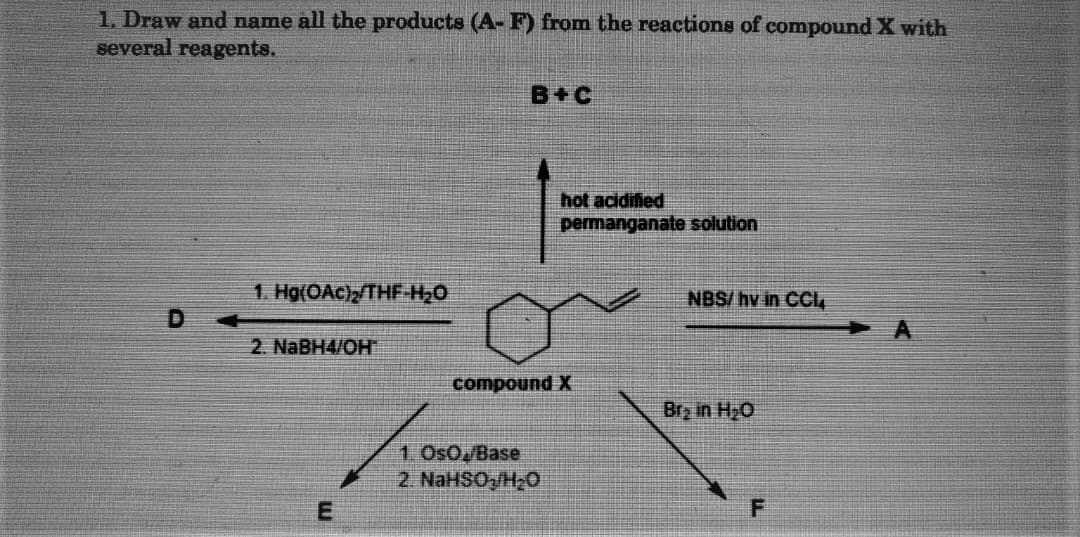 1. Draw and name all the products (A- F) from the reactions of compound X with
several reagents.
B+C
hot acidified
permanganate solution
1. Hg(OAc)/THF-H20
NBS/ hv in CCI,
2. NaBH4/OH
compound X
Bry in H20
1. Os0 Base
2. NaHSO,/H20
