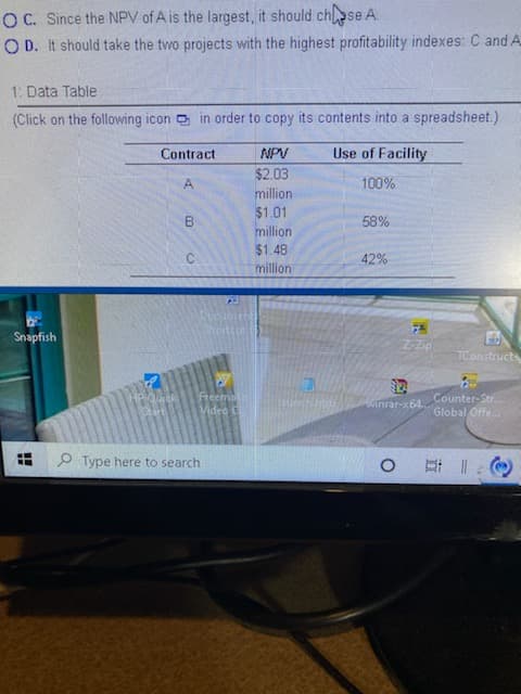 OC. Since the NPV of A is the largest, it should chse A
O D. It should take the two projects with the highest profitability indexes: C and A
1: Data Table
(Click on the following icon o in order to copy its contents into a spreadsheet.)
Contract
NPV
Use of Facility
$2.03
A.
100%
million
$1.01
million
$1.48
B
58%
42%
million
Shorteo
Snapfish
Z-Zip
TConstructs
Freema
Video C
Counter-Str.
Global Offe.
Winrar-x64..
P Type here to search
