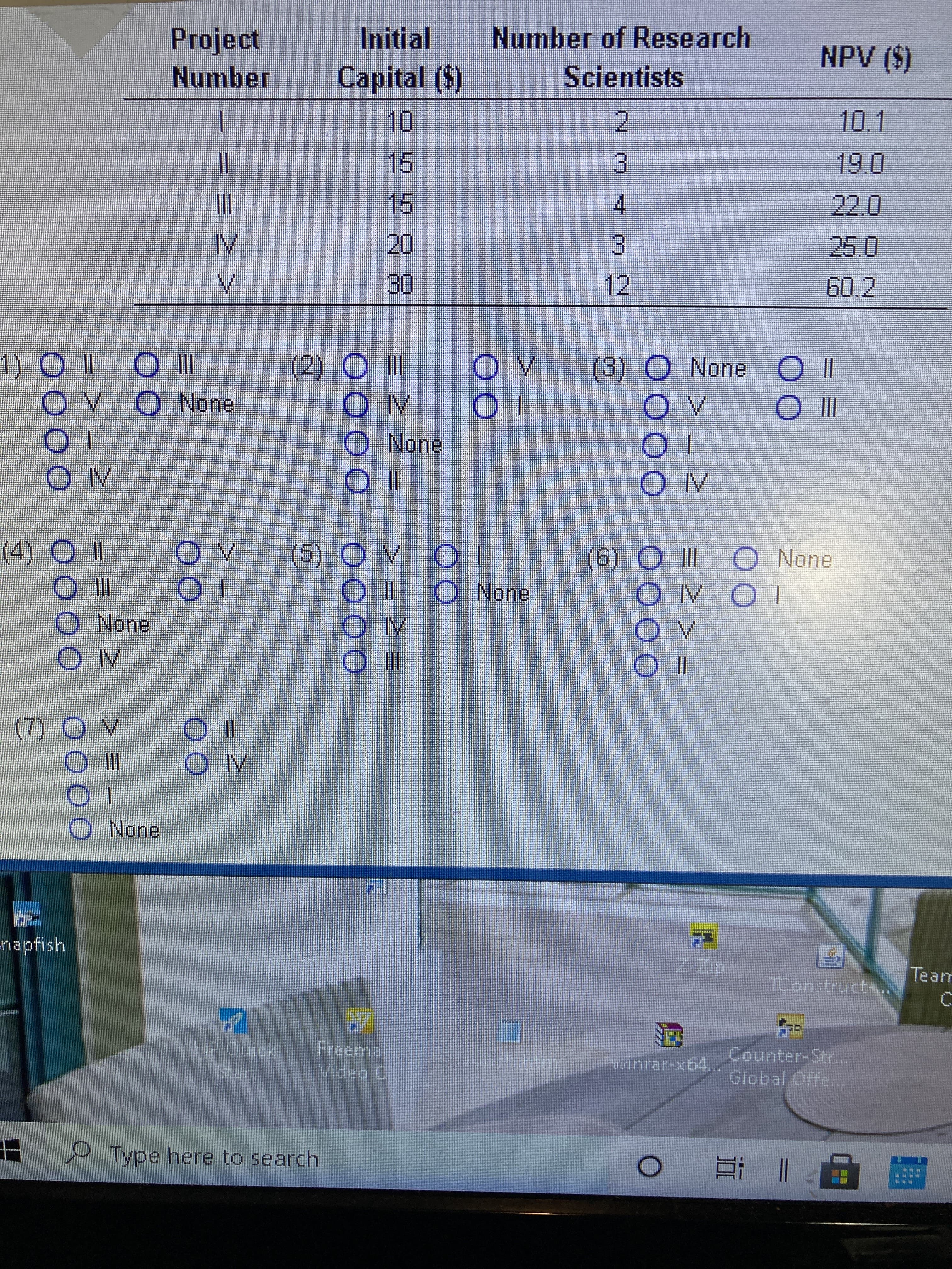 ### Project Data for Research Allocation and Evaluation

#### Project Details

| Project Number | Initial Capital ($) | Number of Research Scientists | NPV ($)  |
|----------------|----------------------|-------------------------------|----------|
| I              | 10                   | 2                             | 10.1     |
| II             | 15                   | 3                             | 19.0     |
| III            | 15                   | 4                             | 22.0     |
| IV             | 20                   | 3                             | 25.0     |
| V              | 30                   | 12                            | 60.2     |

#### Multiple Choice Questions

**(1)**  
- [ ] II  
- [ ] III  
- [ ] V  
- [ ] I  
- [ ] None  
- [ ] IV  

**(2)**  
- [ ] III  
- [ ] IV  
- [ ] V  
- [ ] I  
- [ ] None  
- [ ] II  

**(3)**  
- [ ] None  
- [ ] V  
- [ ] I  
- [ ] III  
- [ ] IV  
- [ ] II  

**(4)**  
- [ ] V  
- [ ] I  
- [ ] None  
- [ ] II  
- [ ] IV  
- [ ] III  

**(5)**  
- [ ] V  
- [ ] None  
- [ ] II  
- [ ] I  
- [ ] IV  
- [ ] III  

**(6)**  
- [ ] II  
- [ ] None  
- [ ] I  
- [ ] IV  
- [ ] III  
- [ ] V  

**(7)**  
- [ ] V  
- [ ] I  
- [ ] III  
- [ ] IV  
- [ ] None  
- [ ] II