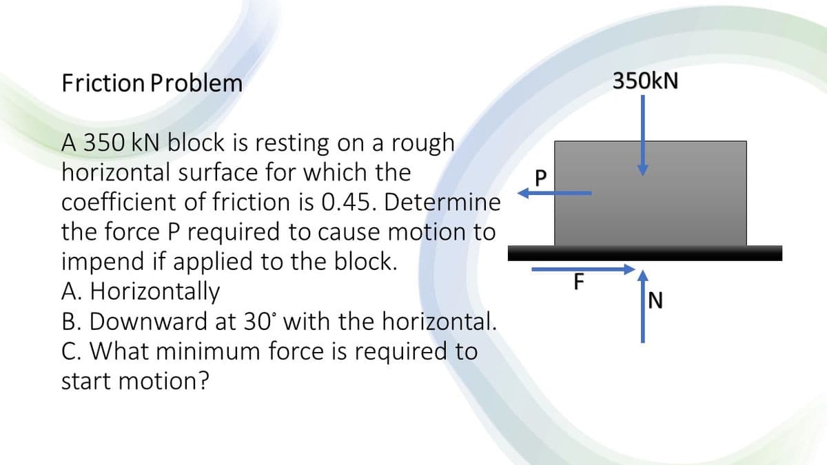 Friction Problem
350kN
A 350 kN block is resting on a rough
horizontal surface for which the
coefficient of friction is 0.45. Determine
the force P required to cause motion to
impend if applied to the block.
A. Horizontally
B. Downward at 30' with the horizontal.
C. What minimum force is required to
F
N
start motion?
