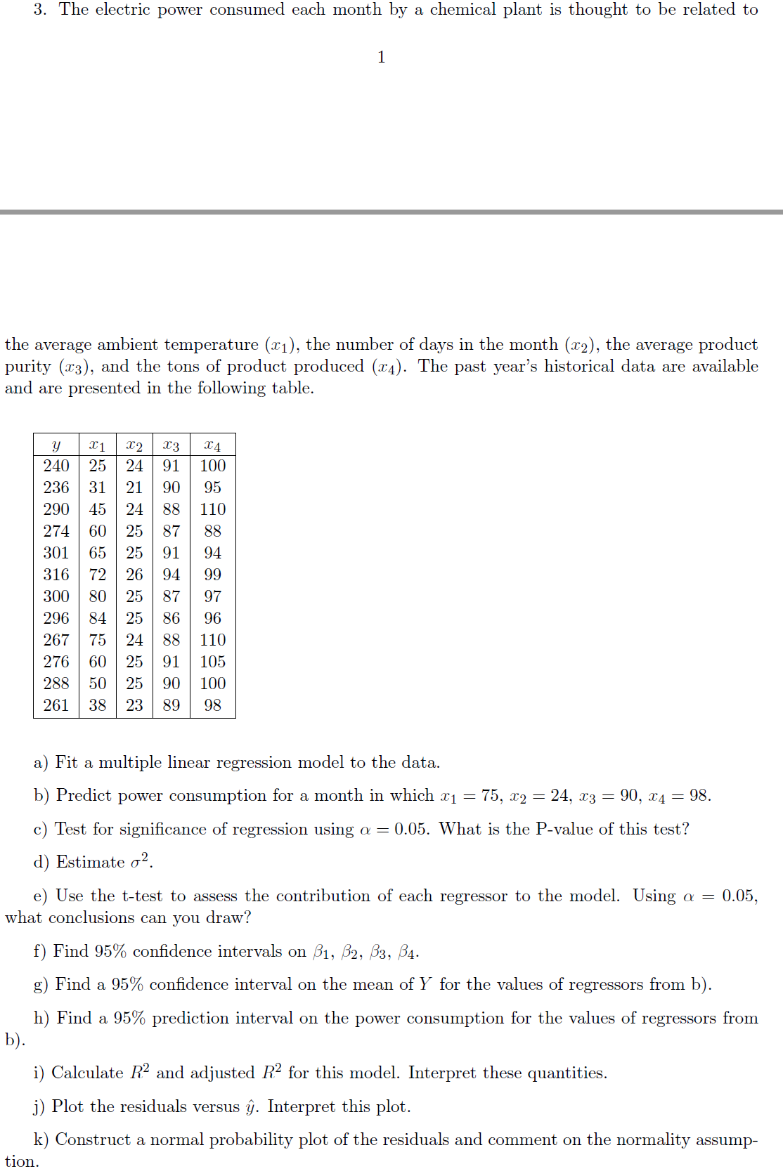 g) Find a 95% confidence interval on the mean of Y for the values of regressors from b).
h) Find a 95% prediction interval on the power consumption for the values of regressors from
b).
i) Calculate R2 and adjusted R2 for this model. Interpret these quantities.
