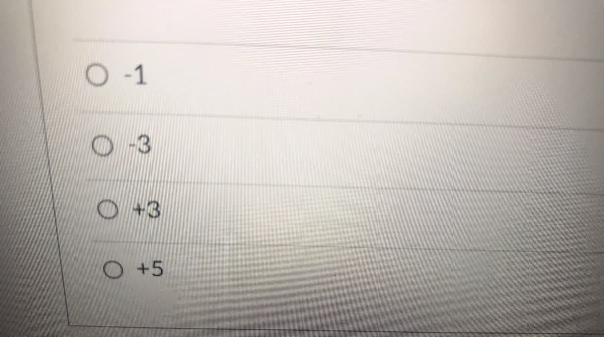 Below is a multiple-choice question section. Each option is preceded by a radio button, indicating that only one selection can be made at a time. The options provided include both positive and negative numbers, likely indicating a question related to numerical values or calculations.

Options:
- ○ -1
- ○ -3
- ○ +3
- ○ +5

The user needs to select one of the options by clicking on the corresponding radio button.