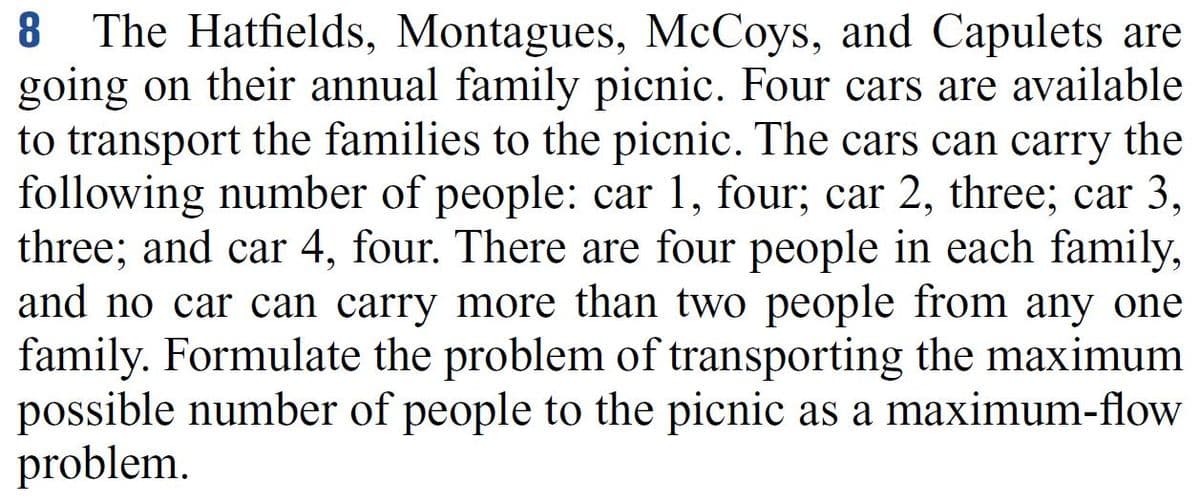 8 The Hatfields, Montagues, McCoys, and Capulets are
going on their annual family picnic. Four cars are available
to transport the families to the picnic. The cars can carry the
following number of people: car 1, four; car 2, three; car 3,
three; and car 4, four. There are four people in each family,
and no car can carry more than two people from any one
family. Formulate the problem of transporting the maximum
possible number of people to the picnic as a maximum-flow
problem.
