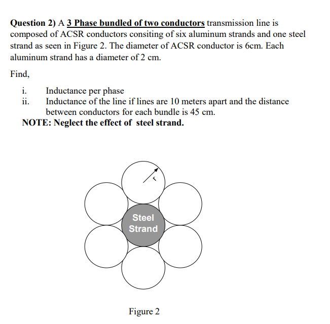 Question 2) A 3 Phase bundled of two conductors transmission line is
composed of ACSR conductors consiting of six aluminum strands and one steel
strand as seen in Figure 2. The diameter of ACSR conductor is 6cm. Each
aluminum strand has a diameter of 2 cm.
Find,
i.
Inductance per phase
Inductance of the line if lines are 10 meters apart and the distance
between conductors for each bundle is 45 cm.
ii.
NOTE: Neglect the effect of steel strand.
Steel
Strand
Figure 2
