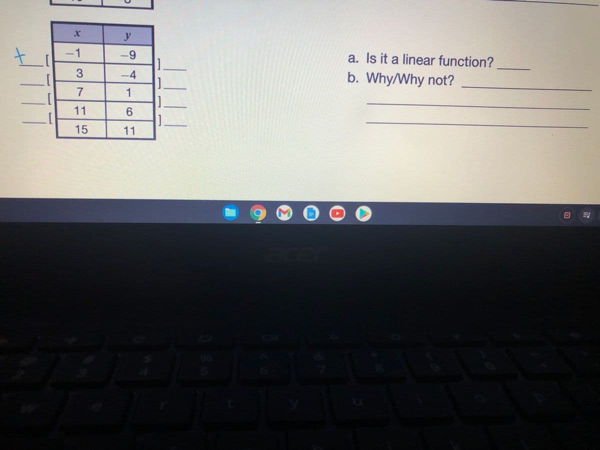 y
t
1
a. Is it a linear function?
-9
3
-4
b. Why/Why not?
[
11
]
6.
1
11
15
96
Σ
M|7
