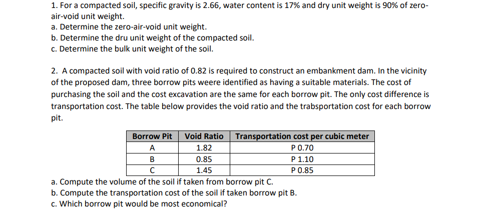 1. For a compacted soil, specific gravity is 2.66, water content is 17% and dry unit weight is 90% of zero-
air-void unit weight.
a. Determine the zero-air-void unit weight.
b. Determine the dru unit weight of the compacted soil.
c. Determine the bulk unit weight of the soil.
2. A compacted soil with void ratio of 0.82 is required to construct an embankment dam. In the vicinity
of the proposed dam, three borrow pits weere identified as having a suitable materials. The cost of
purchasing the soil and the cost excavation are the same for each borrow pit. The only cost difference is
transportation cost. The table below provides the void ratio and the trabsportation cost for each borrow
pit.
Borrow Pit Void Ratio Transportation cost per cubic meter
P 0.70
P 1.10
P 0.85
A
B
с
a. Compute the volume of the soil if taken from borrow pit C.
b. Compute the transportation cost of the soil if taken borrow pit B.
c. Which borrow pit would be most economical?
1.82
0.85
1.45