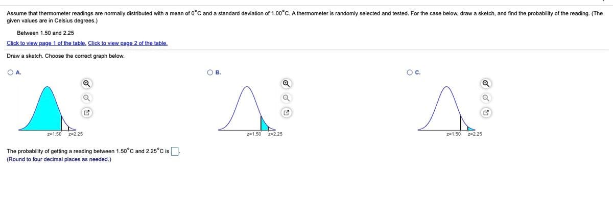 Assume that thermometer readings are normally distributed with a mean of 0°C and a standard deviation of 1.00°C. A thermometer is randomly selected and tested. For the case below, draw a sketch, and find the probability of the reading. (The
given values are in Celsius degrees.)
Between 1.50 and 2.25
Click to view page 1 of the table. Click to view page 2 of the table.
Draw a sketch. Choose the correct graph below.
O A.
OB.
Oc.
z=1.50
z=2.25
z=1.50 z=2.25
z=1.50
z=2.25
The probability of getting a reading between 1.50°C and 2.25°C isO.
(Round to four decimal places as needed.)
