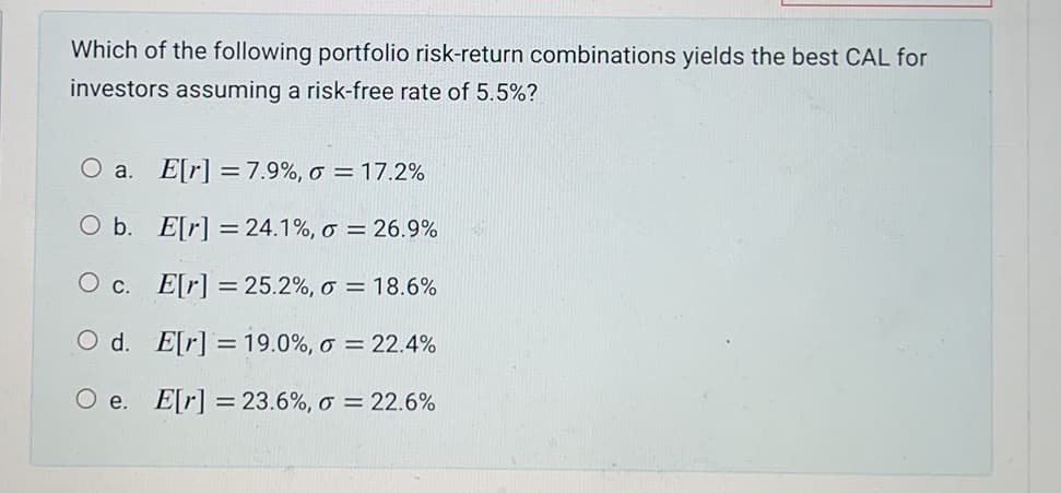 Which of the following portfolio risk-return combinations yields the best CAL for
investors assuming a risk-free rate of 5.5%?
O a. E[r] = 7.9%, o = 17.2%
O b. E[r]= 24.1%, o = 26.9%
O c.
E[r]= 25.2%, o = 18.6%
O d.
E[r]= 19.0%, o = 22.4%
O e. E[r]= 23.6%, o = 22.6%