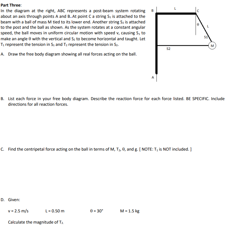 Part Three:
In the diagram at the right, ABC represents a post-beam system rotating
about an axis through points A and B.At point Ca string Si is attached to the
beam with a ball of mass M tied to its lower end. Another string S2 is attached
to the post and the ball as shown. As the system rotates at a constant angular
speed, the ball moves in uniform circular motion with speed v, causing S, to
make an angle 0 with the vertical and S2 to become horizontal and taught. Let
Ti represent the tension in Sı and T2 represent the tension in S2.
S1
M
S2
A. Draw the free body diagram showing all real forces acting on the ball.
B. List each force in your free body diagram. Describe the reaction force for each force listed. BE SPECIFIC. Include
directions for all reaction forces.
C. Find the centripetal force acting on the ball in terms of M, T2, 0, and g. [ NOTE: T, is NOT included. ]
D. Given:
v = 2.5 m/s
L= 0.50 m
e = 30°
M = 1.5 kg
Calculate the magnitude of T2.
