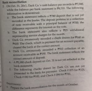 Bank reconciliation
2 On Oct. 31, 20x1, Dark Co.'s cash balance per recards is P7,540,
while the balance per bank statement is P8,510. The following
information is determined:
a. The bank statement reflects a P780 deposit that is not yet
recorded in the books. The deposit pertains to a collection
of note receivable with a principal balance of P700; the
difference represents the interest on the note,
b. The bank statement also reflects a P25 withdrawal
representing service charges for the month.
c Dark Co. erroneously recorded a check drawn for P140 as
P410. The check, which is payment for an account payable,
cleared the bank at the correct amount.
d. Dark Co. erroneously recorded a P910 collection of an
account receivable as Pl90. The bank statement reflects the
correct amount of deposit.
A PL,900 check deposit on Oct. 31 is not yet reflected in the
bank statement.
E The following checks drawn by Dark Co. are not yet
presented to the bank for payment: Check 075 for P325,
Check 080 for P100, and Check 094 for P700.
Requirememts:
epare the bank reconciliation for the month of October.
