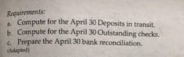 Roquirements:
a Compute for the April 30 Deposits in transit.
b. Compute for the April 30 Outstanding checks.
c. Prepare the April 30 bank reconciliation.
(Adapted)
